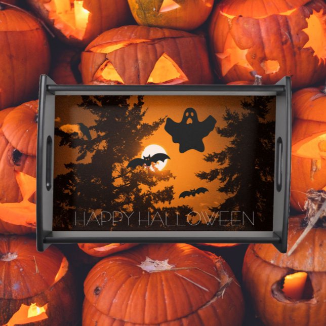 Black and Orange Spooky Halloween Night Scene Serving Tray (In Situ Halloween)