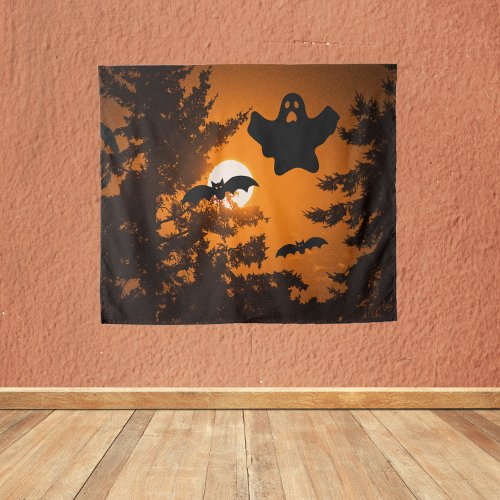 Black and Orange Spooky Halloween Night Scene Tapestry