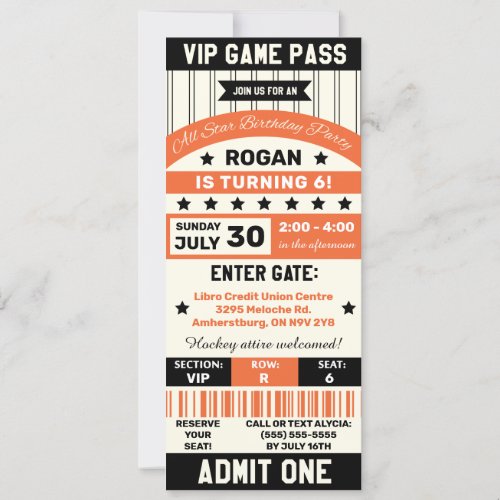 Black and Orange Sports Team Ticket Birthday Party Invitation