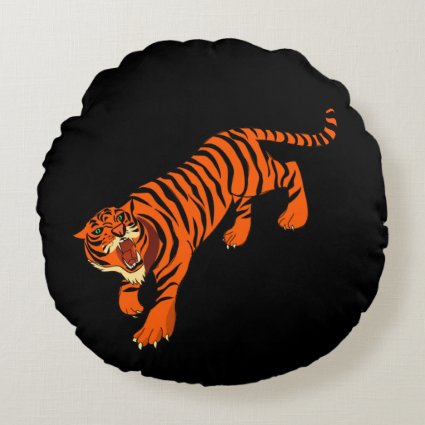 Black and Orange Striped Tiger Round Pillow