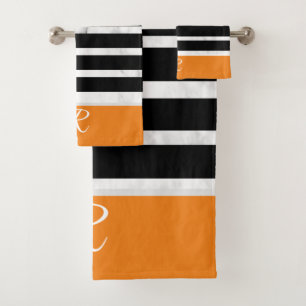 Black and Orange Stripes Marble Style Monogram Bath Towel Set