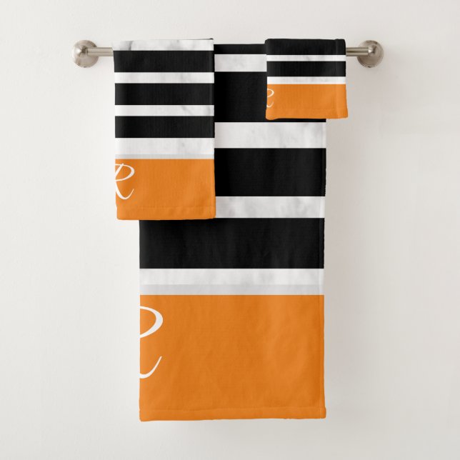 Black and Orange Stripes Marble Style Monogram Bath Towel Set (Insitu)
