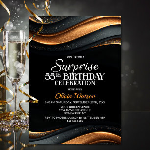 Black and Orange Surprise 55th Birthday Party Invitation