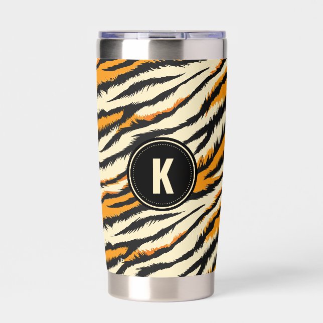 Black and Orange Tiger Pattern Monogram Insulated Tumbler (Front)