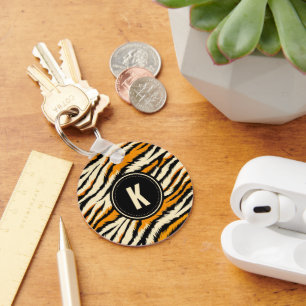 Black and Orange Tiger Pattern Monogram Keychain