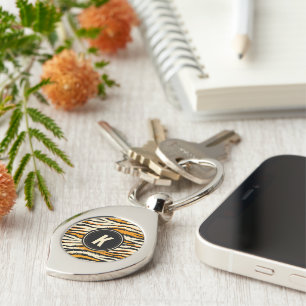 Black and Orange Tiger Pattern Monogram Keychain