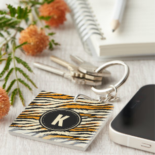 Black and Orange Tiger Pattern Monogram Keychain