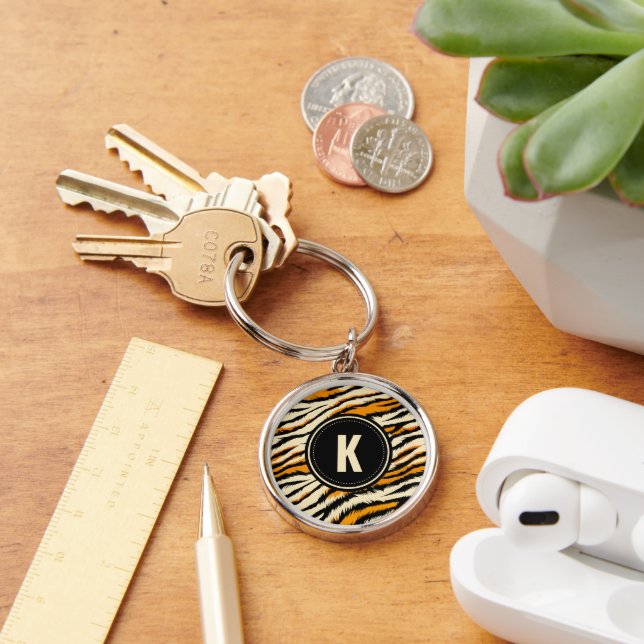 Black and Orange Tiger Pattern Monogram Keychain (Desk)