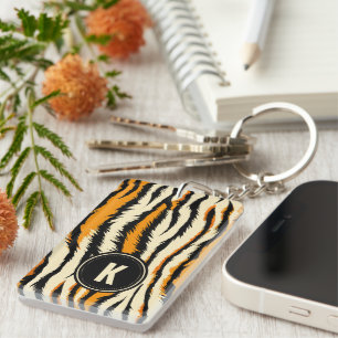 Black and Orange Tiger Pattern Monogram Keychain