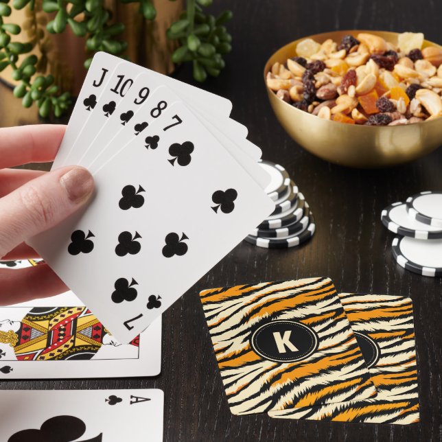 Black and Orange Tiger Pattern Monogram Poker Cards (In Situ)