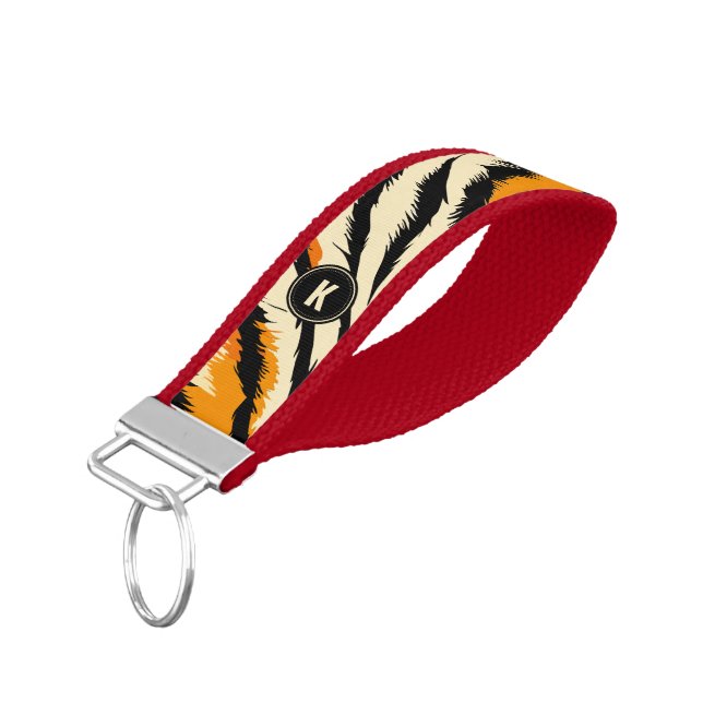 Black and Orange Tiger Pattern Monogram Wrist Keychain (Angled Down)