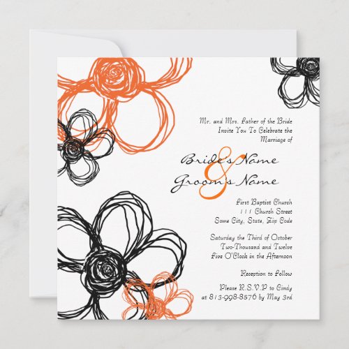 Black and Orange Wild Flowers Wedding Invitation