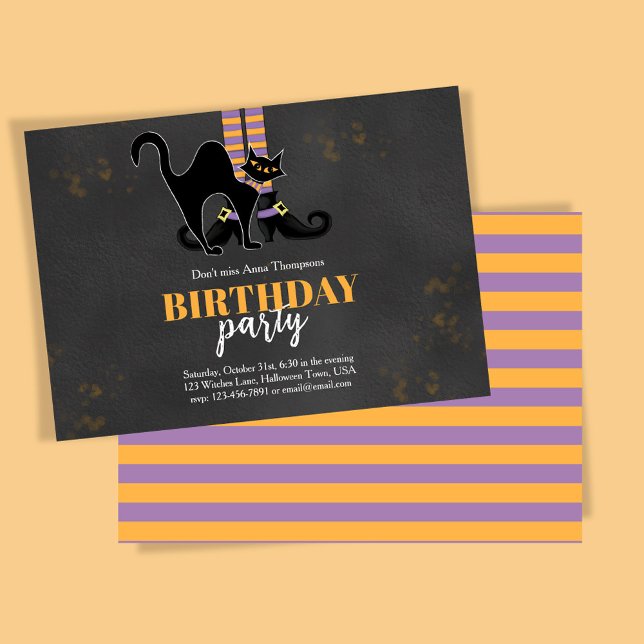 Black and Orange Witch Black Cat Birthday Party Invitation (Birthday Halloween theme invitation with witch and black cat. )
