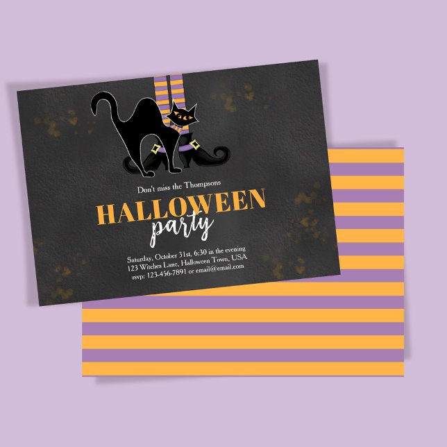 Black and Orange Witch Black Cat Birthday Party Invitation (Whimsical Halloween party invitations with witch and black cat. )
