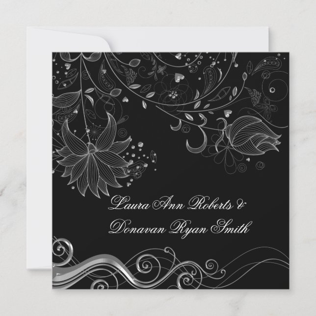 Black and Ornate Silver Floral Swirls Post Wedding Invitation (Front)
