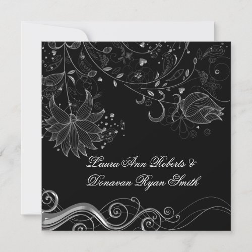 Black and Ornate Silver Floral Swirls Post Wedding Announcement