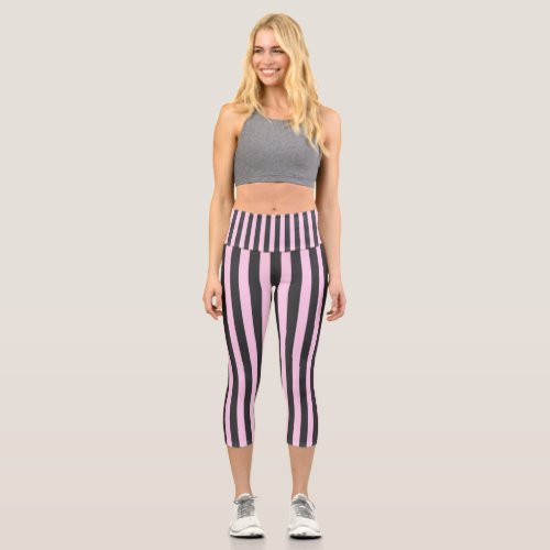 Black and Pale Pink Stripe Capri Leggings