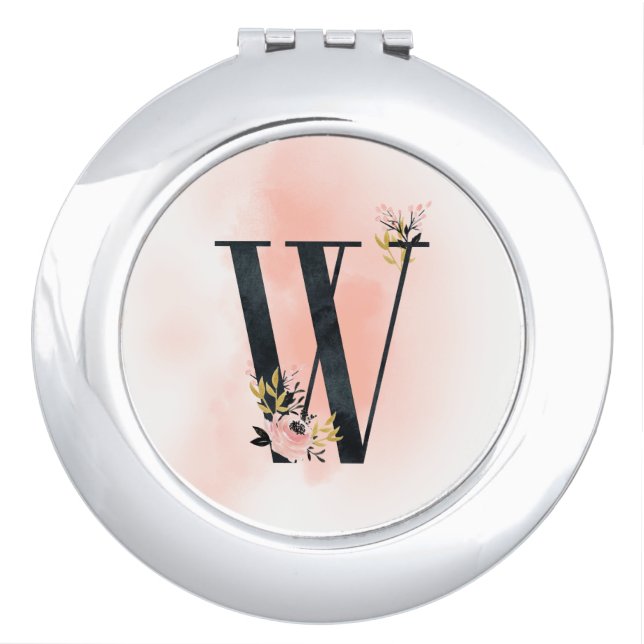 Black and Peach  Floral Monogrammed compact mirror (Front)
