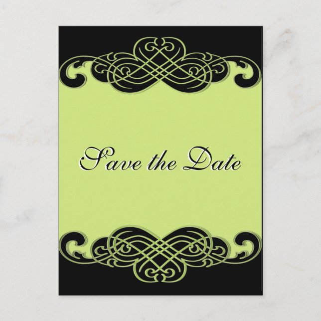 Black and Pear Green Scroll Save the Date Postcard (Front)