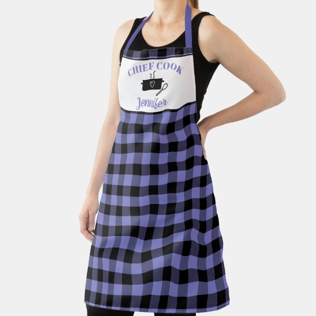 Black and Periwinkle Cook Buffalo Plaid Pattern Apron (Insitu)