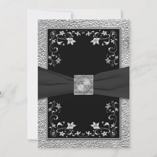 Black and Pewter Floral Monogrammed Invitation