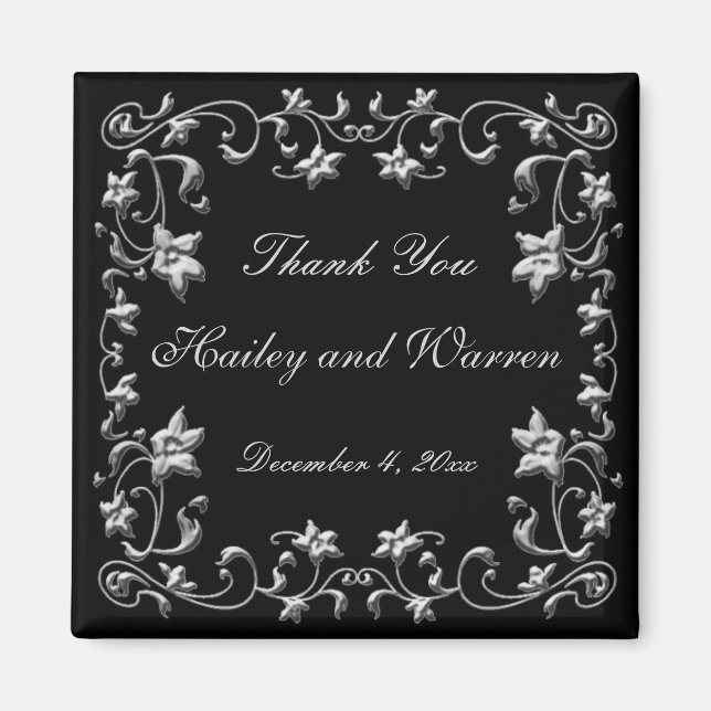 Black and Pewter Floral Wedding Favor Magnet (Front)