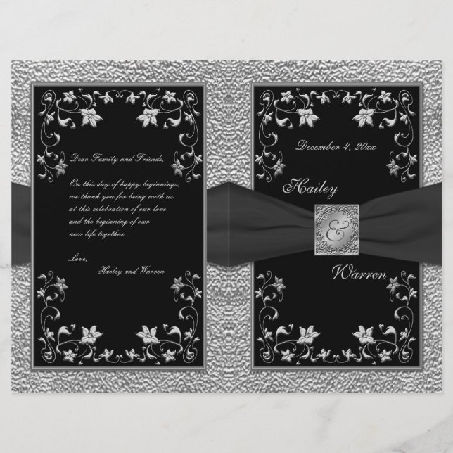 Black and Pewter Floral Wedding Program (Front)