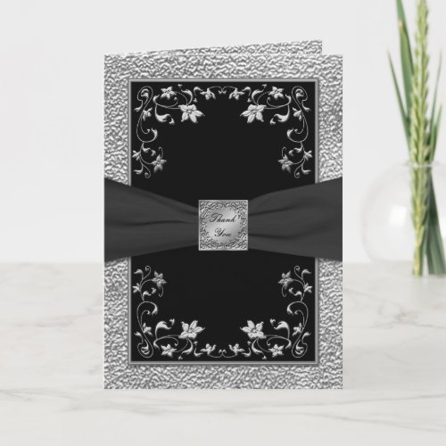 Black and Pewter LOOK Floral Thank You Card