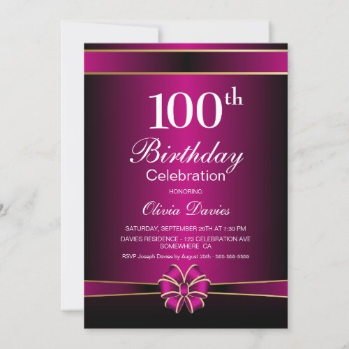 Black and Pink 100th Birthday Celebration Invitation