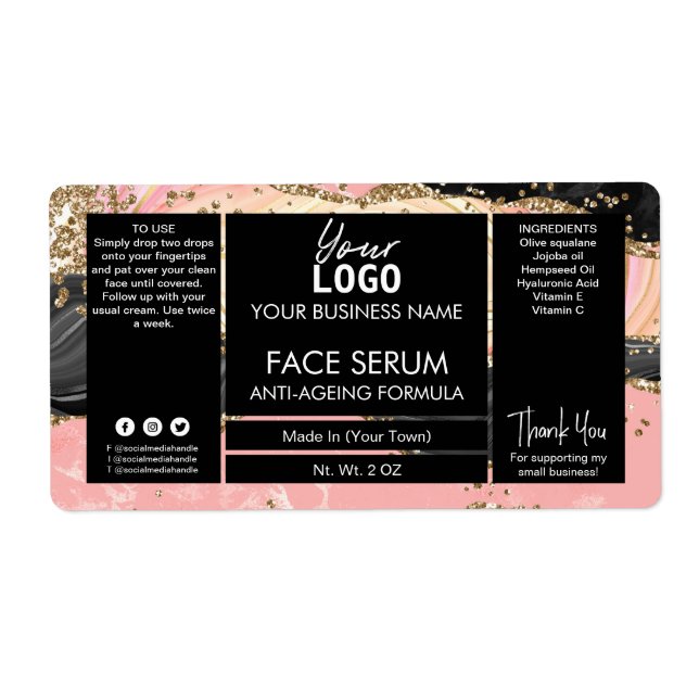 Black And Pink Agate Face Oil Serum Label (Front)