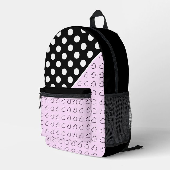 Black And Pink Backpack For Girls Hearts And Dots (Back Corner Right)