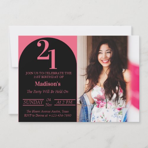 Black And Pink Bold Typograph 21st Birthday Party Invitation