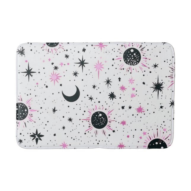 Black and Pink Celestial Sun Moon Stars Bath Mat (Front)