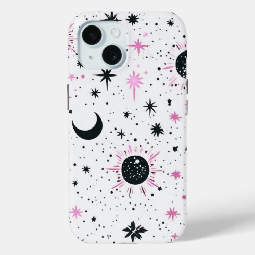 Black and Pink Celestial Sun Moon Stars iPhone 15 Case