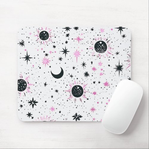 Black and Pink Celestial Sun Moon Stars Mouse Pad