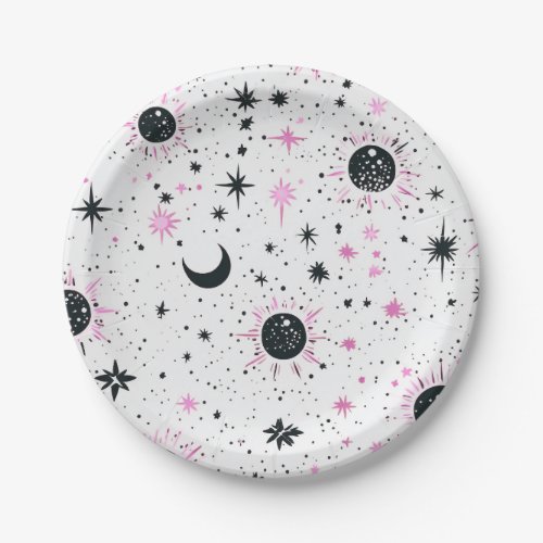 Black and Pink Celestial Sun Moon Stars Paper Plates