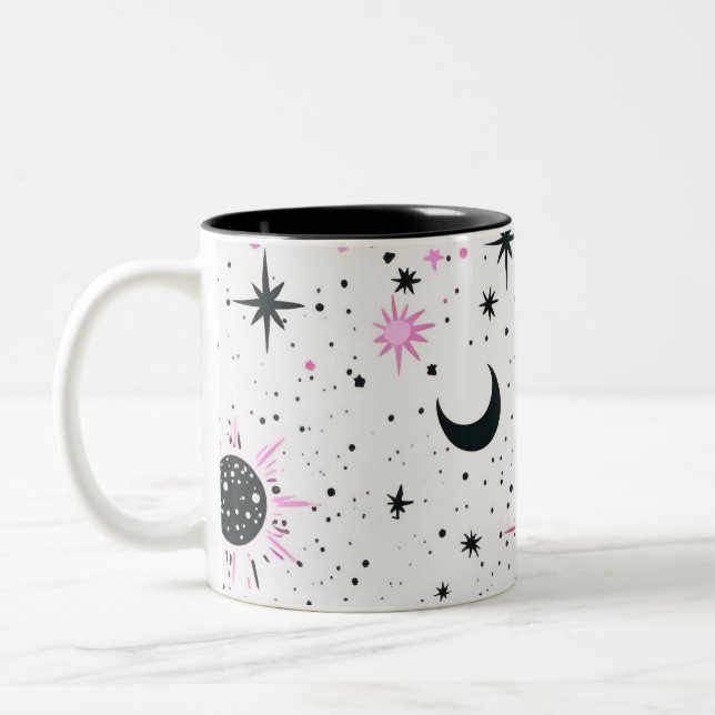 Black and Pink Celestial Sun Moon Stars Two-Tone Coffee Mug (Left)