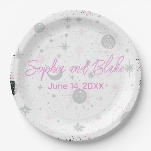 Black and Pink Celestial Wedding Paper Plates