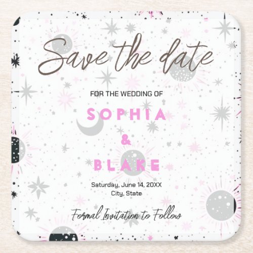 Black and Pink Celestial Wedding Save the Date Square Paper Coaster