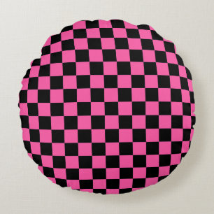 Black and pink checkerboard pattern round pillow