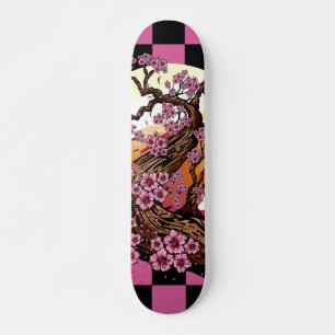 Black and Pink Checkered Cherry Blossom Japanese Skateboard