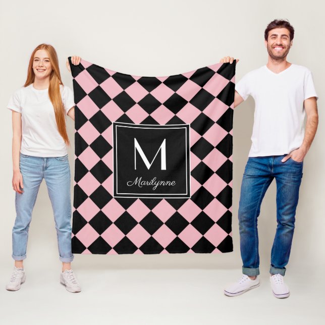 Black and Pink Checkered Modern Monogram Name Fleece Blanket (In Situ)