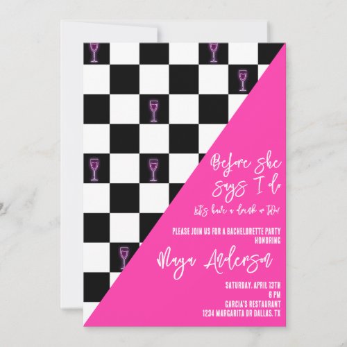 Black and Pink Checkered Neon Bachelorette Party Invitation