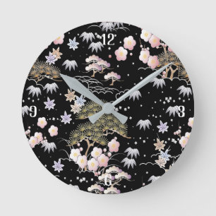 Black and Pink Cherry Blossom Floral Modern Asian Round Clock