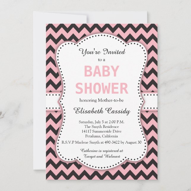 Black and Pink Chevron, Baby Shower Invitation (Front)