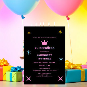 black and pink colorful typography quinceañera invitation