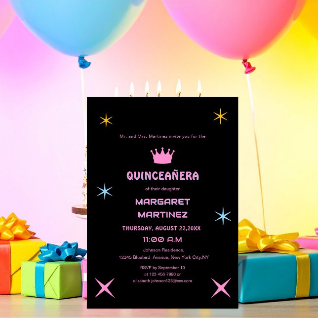black and pink colorful typography quinceañera invitation (Creator Uploaded)