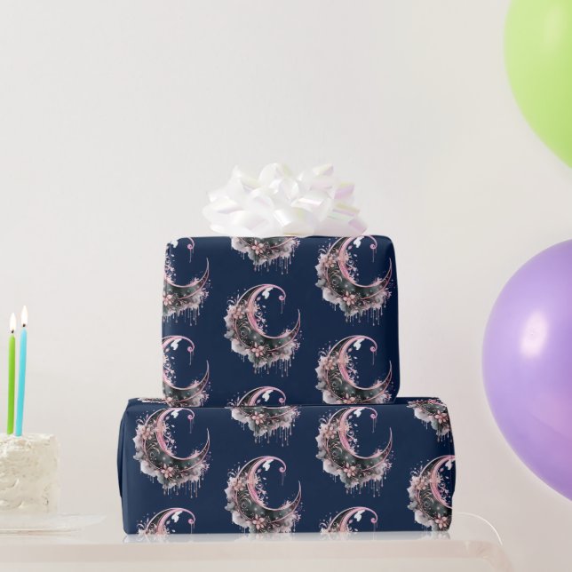 Black and Pink Crescent Moon Pattern Halloween Wrapping Paper (Party Gifts)