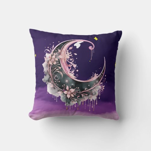 Black and Pink Crescent Moon Starry Halloween Throw Pillow