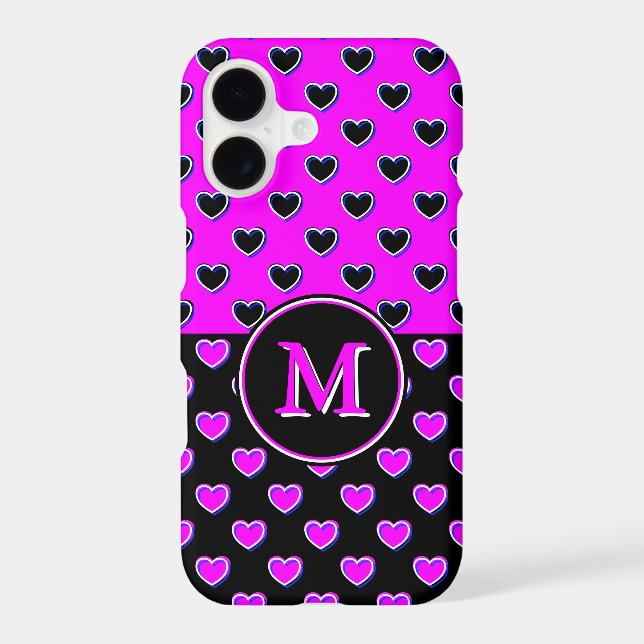 Black And Pink Custom Monogram Hearts Pattern Iphone Case (Back)